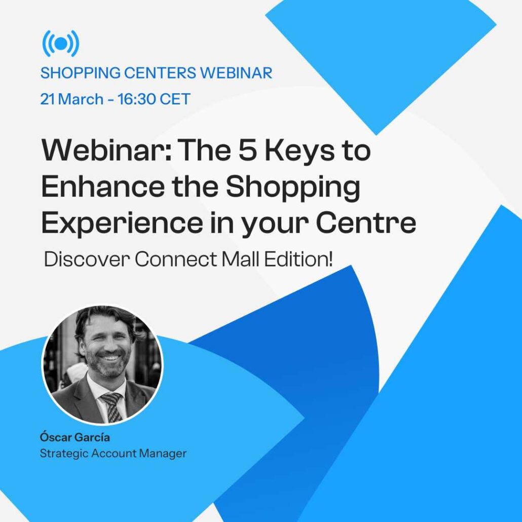 Digital invitation for the Shopping Centers webinar with Óscar García, titled "The 5 Keys to Enhance the Shopping Experience