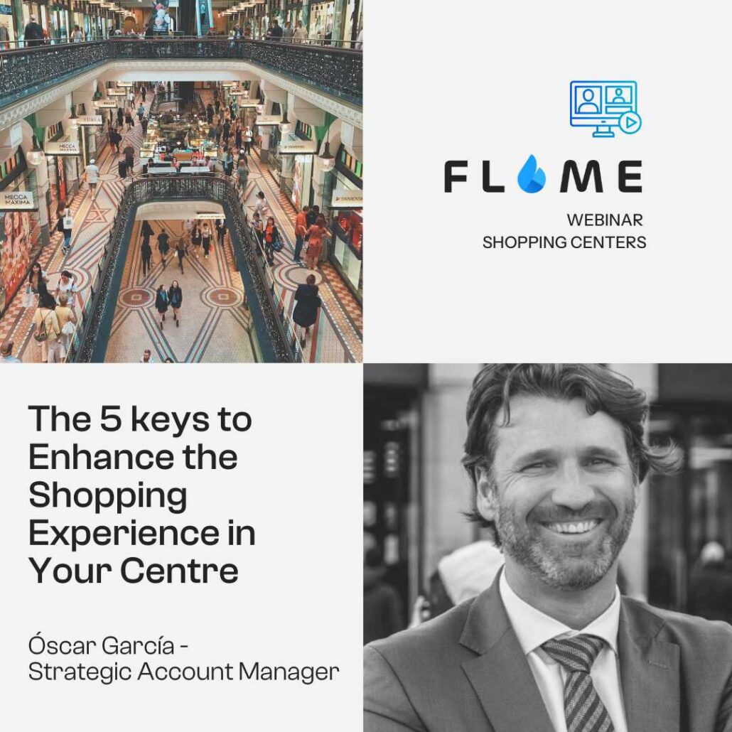 Promotional banner for the Flame Analytics webinar titled "The 5 keys to Enhance the Shopping Experience in Your Centre", presented by Óscar García, with a photograph of a busy shopping mall in the background.