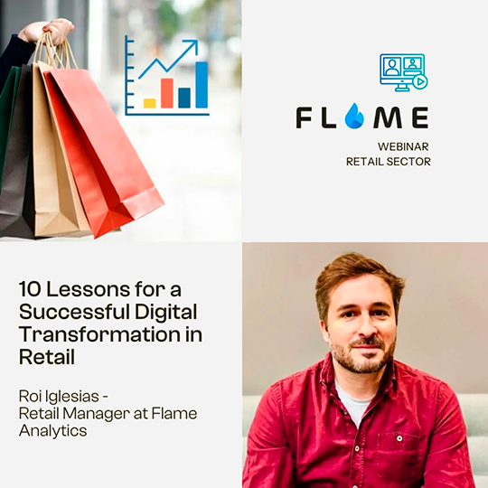 Promotional image for the webinar "10 Lessons for a Successful Digital Transformation in Retail" presented by Roi Iglesias, Retail Manager at Flame Analytics, alongside an image of shopping bags and a growth chart