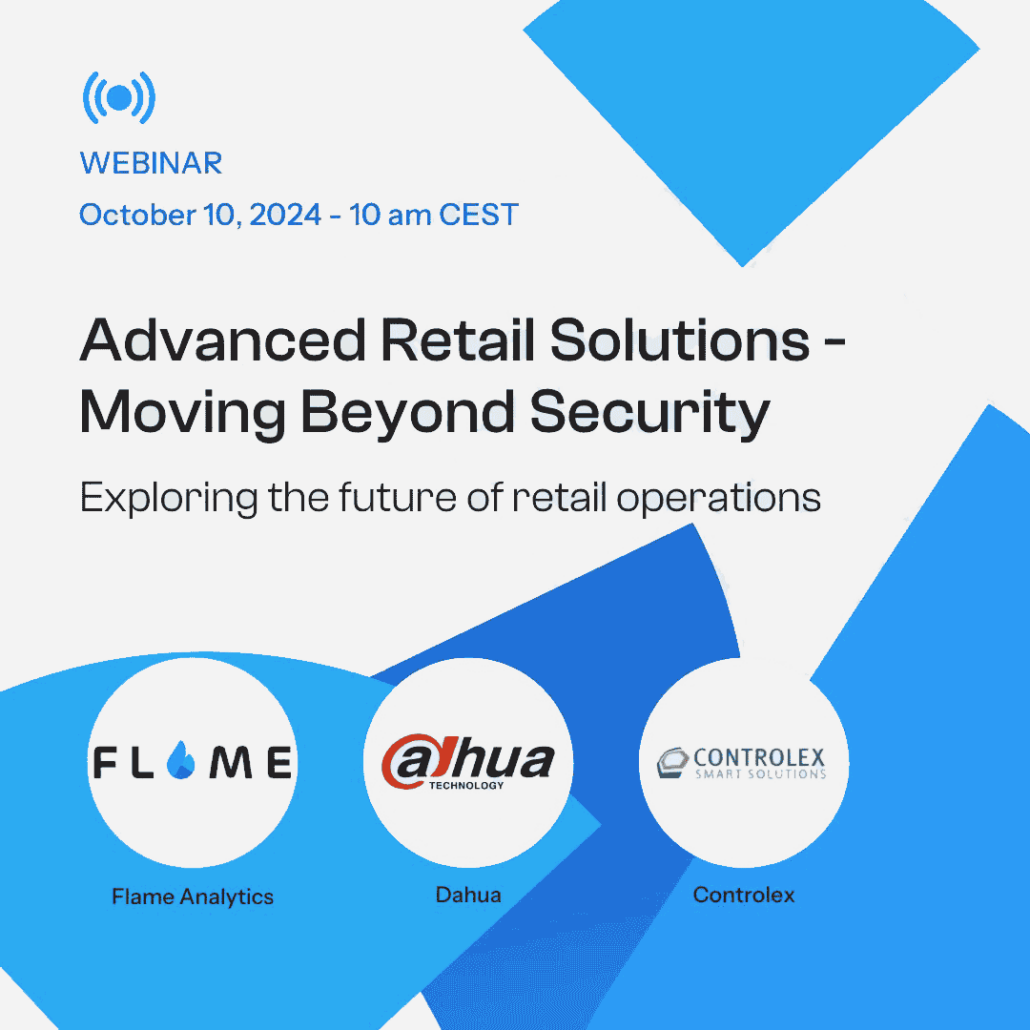 Webinar banner for "Advanced Retail Solutions - Moving Beyond Security", scheduled for October 10, 2024, at 10 am CEST. Includes the subtitle "Exploring the future of retail operations" and logos of the organizers: Flame Analytics, Dahua Technology, and Controlex