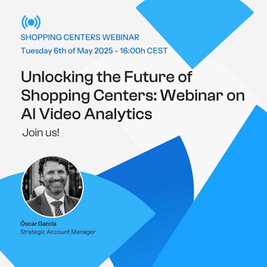 Banner for the Shopping Centers webinar "Unlocking the Future of Shopping Centers: Webinar on AI Video Analytics" with Óscar García
